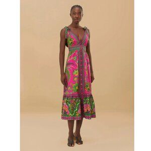 FARM Rio Ana Tapestry Midi Dress / Medium / Pink Floral Plunge